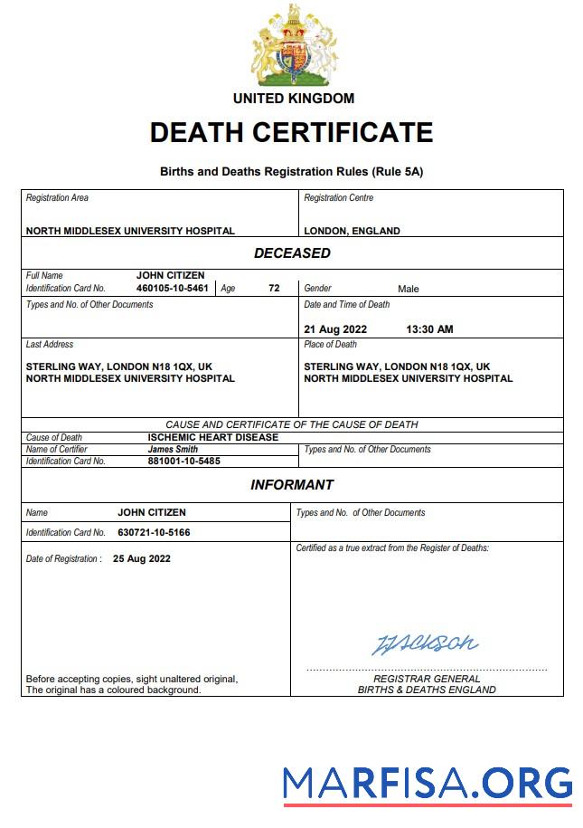 Downloadable United Kingdom vital record death certificate Word and PDF template